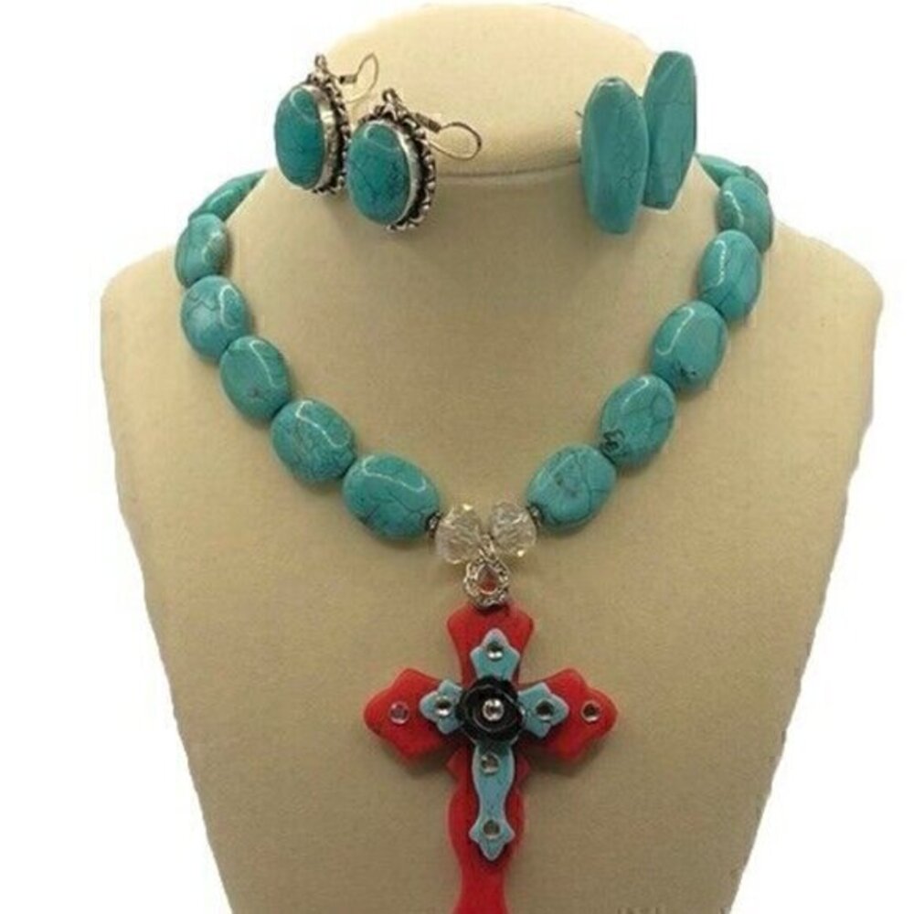 Southwestern Religious Cross Pendant Boho Necklace w/ 925 Silver Earring…